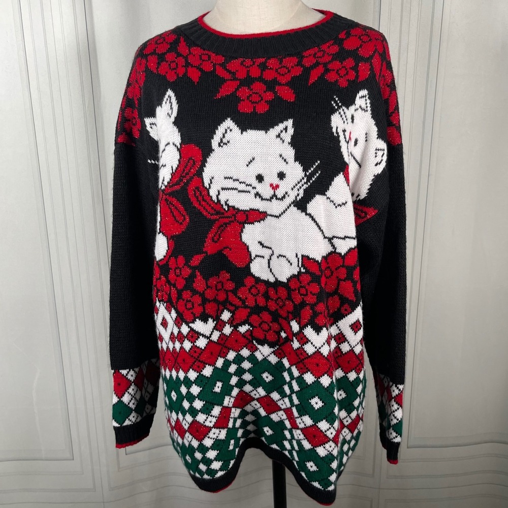 Vintage 90s Holiday Time Cat‎ Christmas Sweater Black Red Green Large